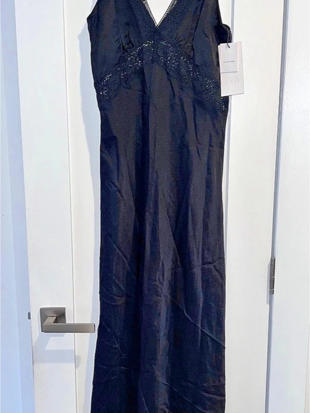 Zara Black Lace-Trim Satin Slip Dress Black Maxi Dress Small R17